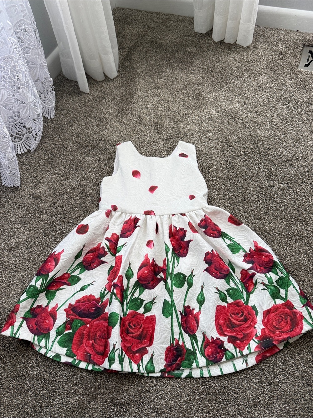 Girls White Floral Rose Party Dress - Red Rose Print